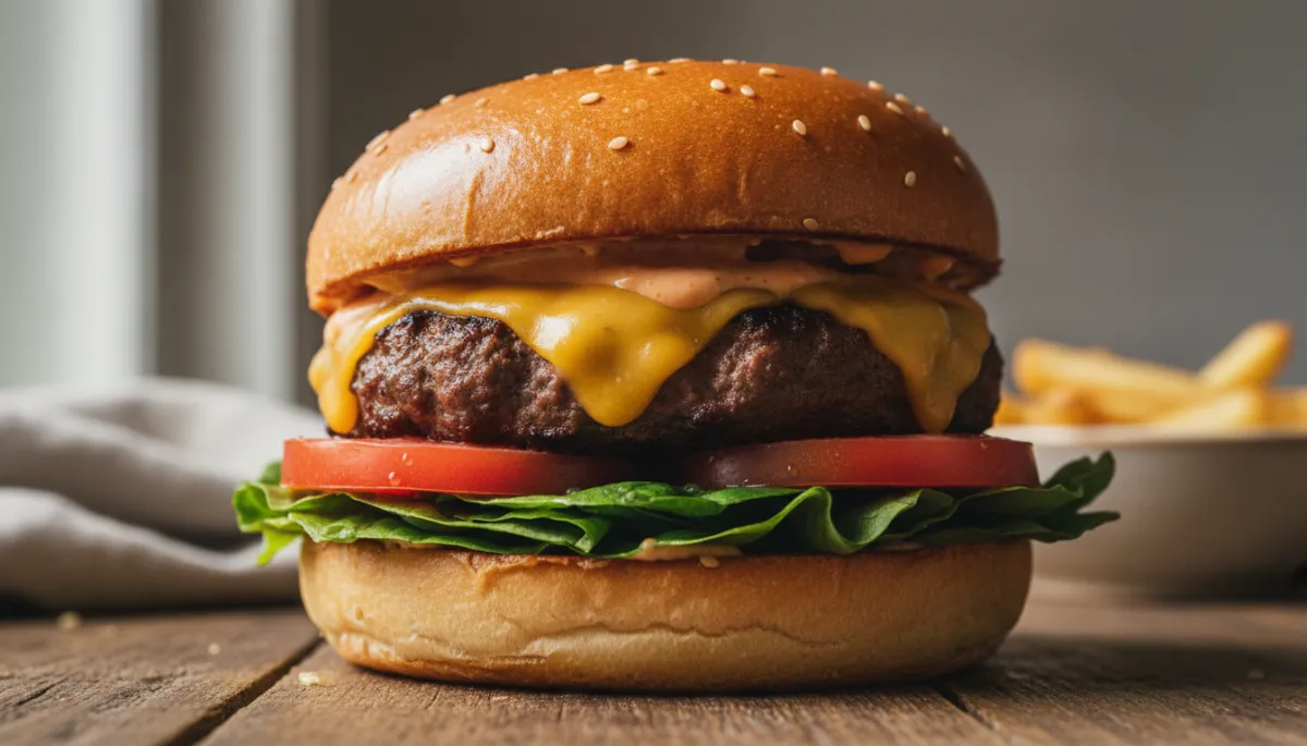 Mains d'une personne en train d'assembler un burger, superposant un steak de bœuf grillé, des rondelles de tomates fraîches, des feuilles de laitue croquantes et une tranche de fromage sur la base d'un pain brioché toasté, avec les ingrédients bruts à proximité.
