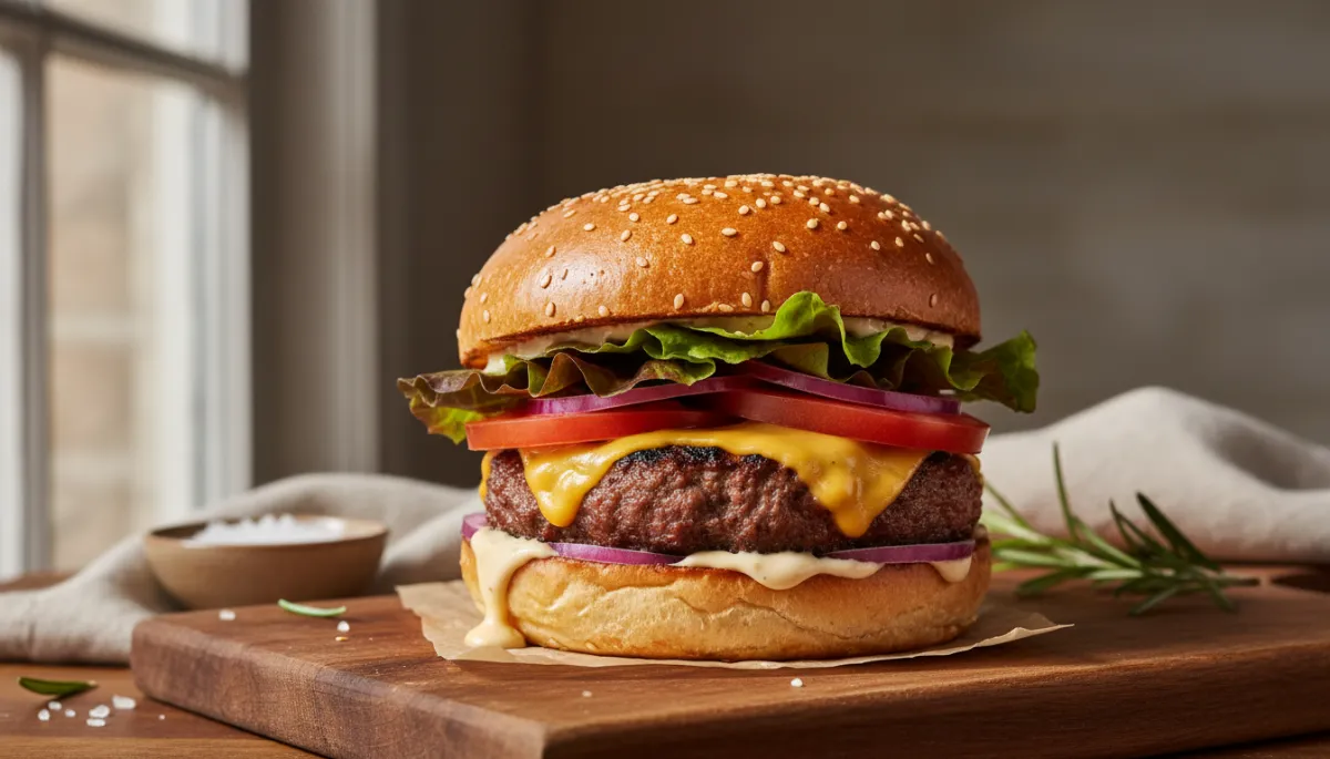 Burger gourmet maison, juteux et généreux, avec un steak de bœuf grillé, du fromage cheddar fondant, du bacon croustillant, des tomates fraîches, de la laitue croquante et une sauce onctueuse, le tout dans un pain brioché doré et légèrement toasté.