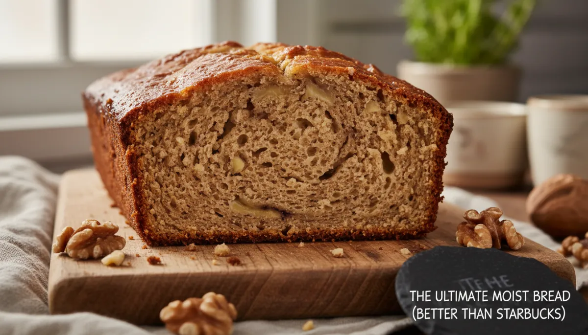 A close-up view of a sliced piece of banana bread, highlighting its incredibly moist, tender crumb, rich with mashed bananas and small pockets of air.