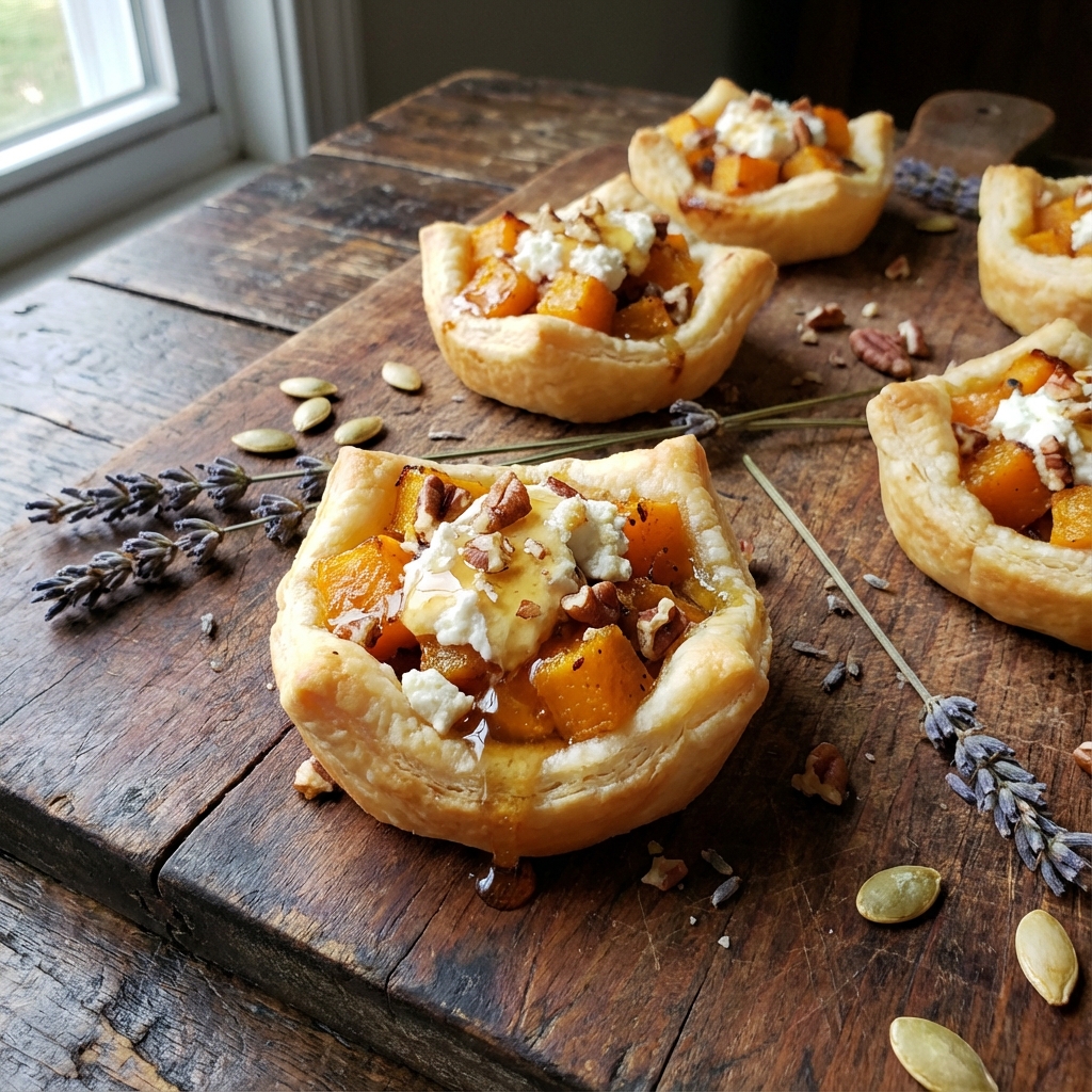 Tartelettes Croquantes de Butternut, Chèvre Frais et Miel de Lavande