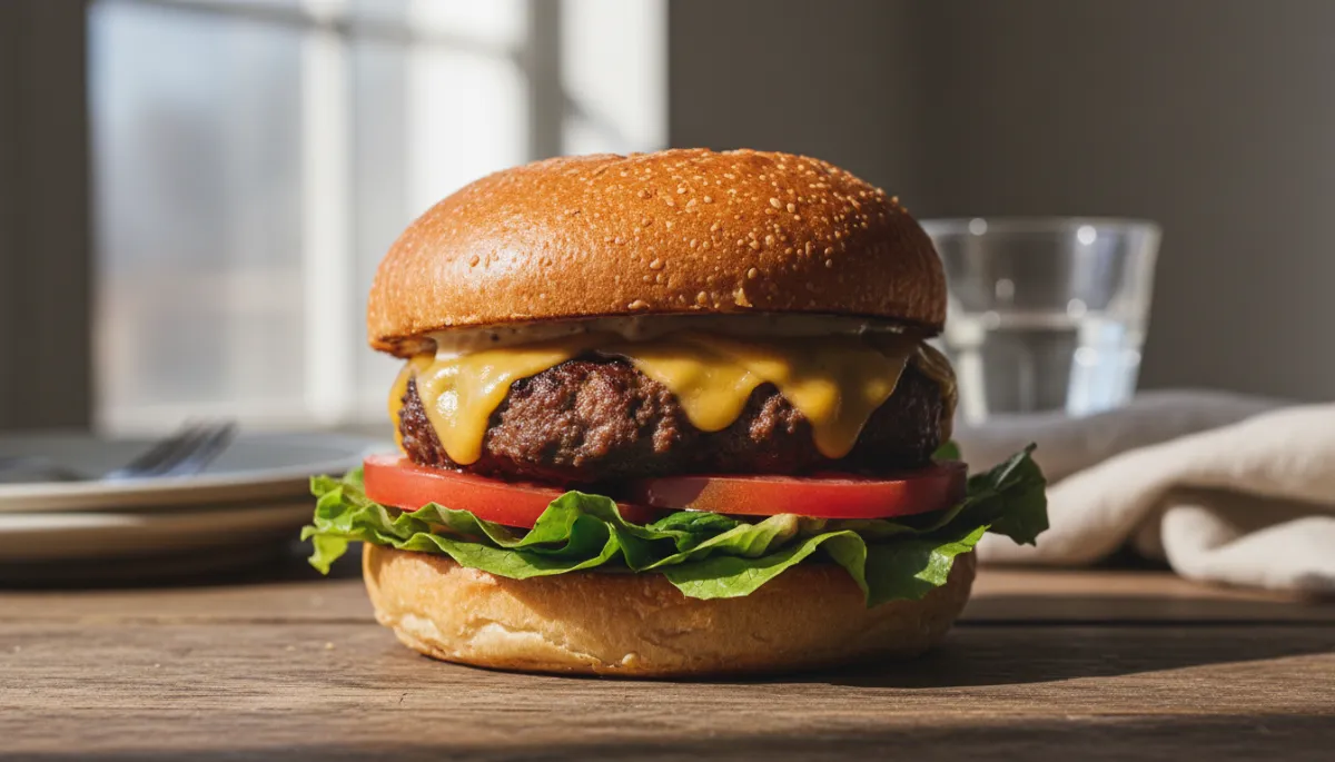 Gros plan sur l'intérieur d'un burger, révélant la texture du steak de bœuf haché parfaitement cuit à cœur, légèrement rosé et juteux, le fromage cheddar crémeux et fondu coulant sur la viande, et le pain brioché moelleux.